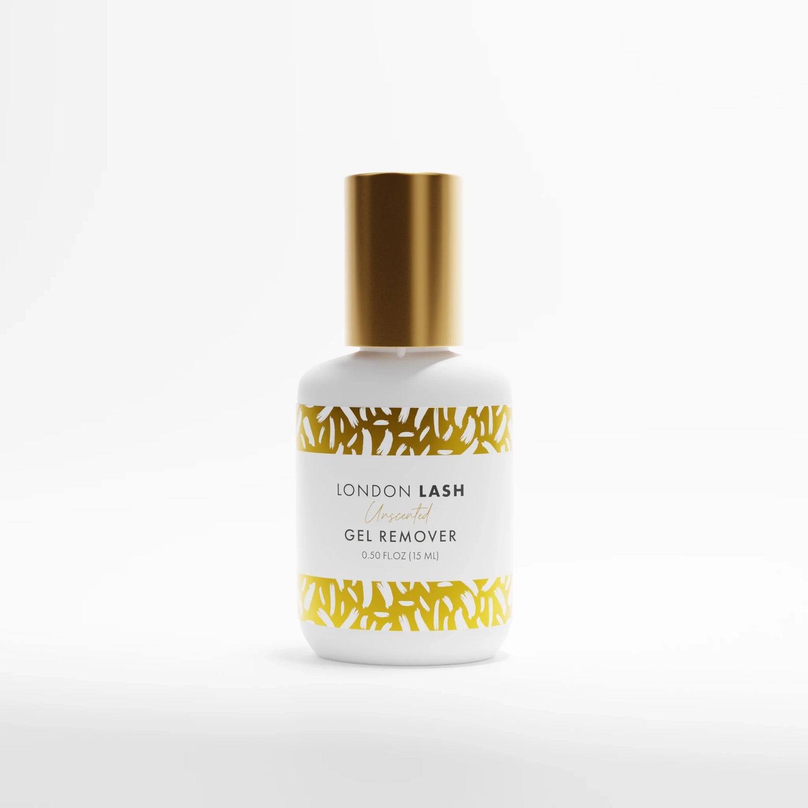 Bottle of unscented London Lash gel remover with gold cap and label on a white background