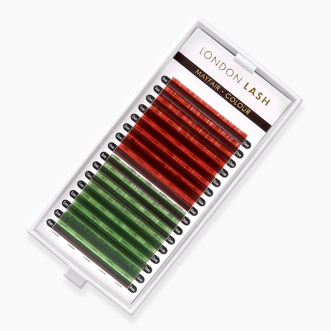 London Lash red brown and green faux mink coloured lash extension tray on white background