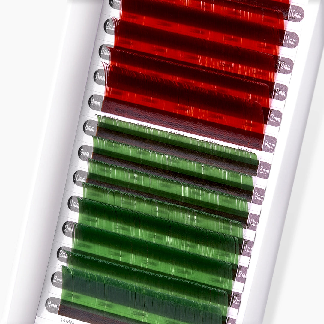 London Lash red brown and green faux mink coloured lash extension tray on white background