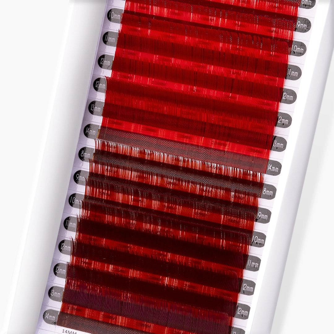 London Lash red and red brown faux mink coloured lash extension tray on white background