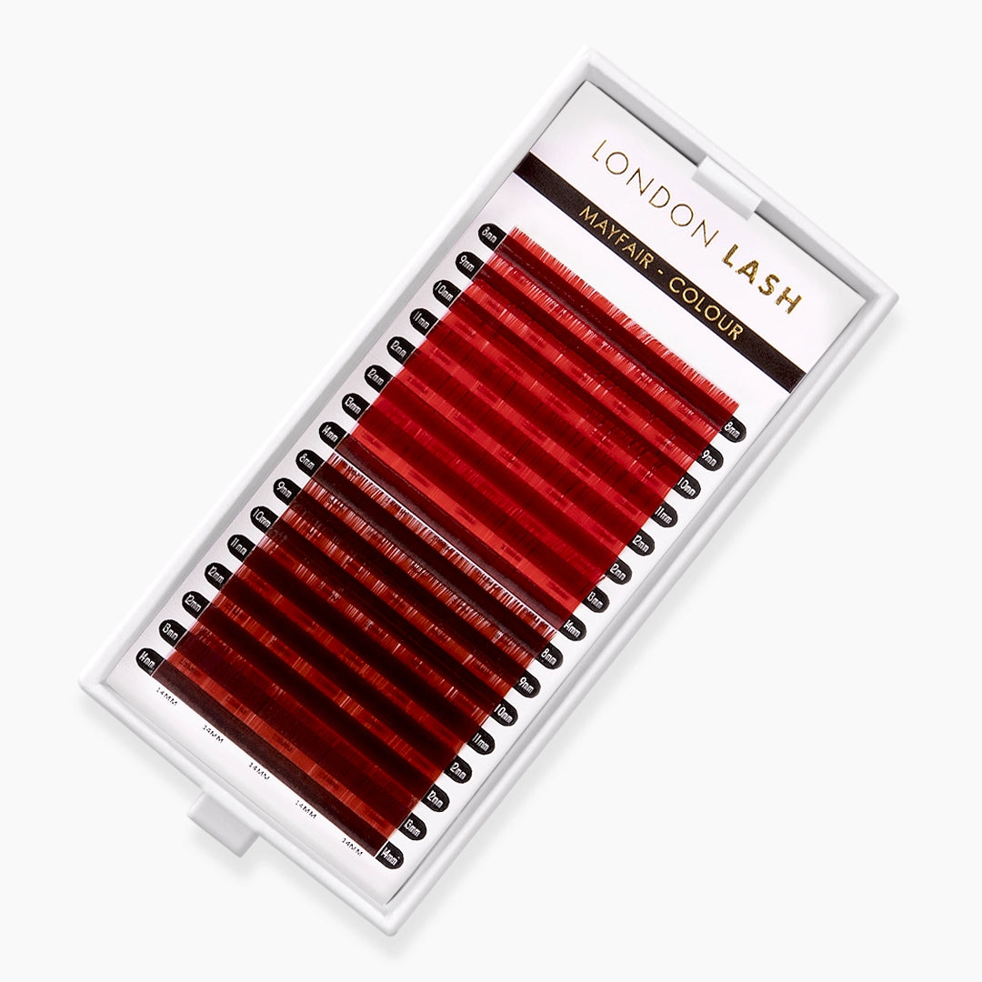 London Lash red and red brown faux mink coloured lash extension tray on white background