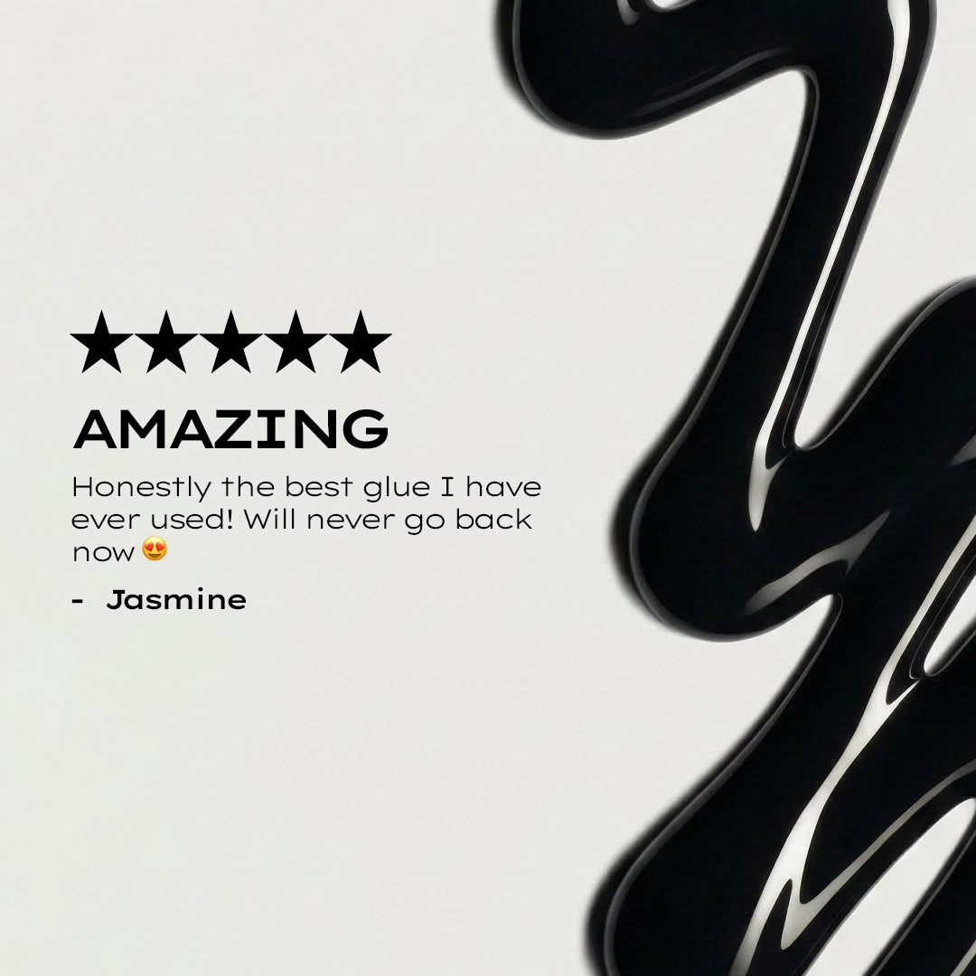 Black glue drop texture image next to a five-star rating and review on a light gray background