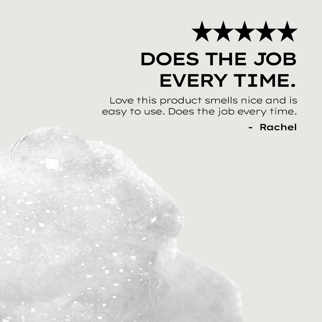 Product texture with a five-star rating and positive review text on a light gray background
