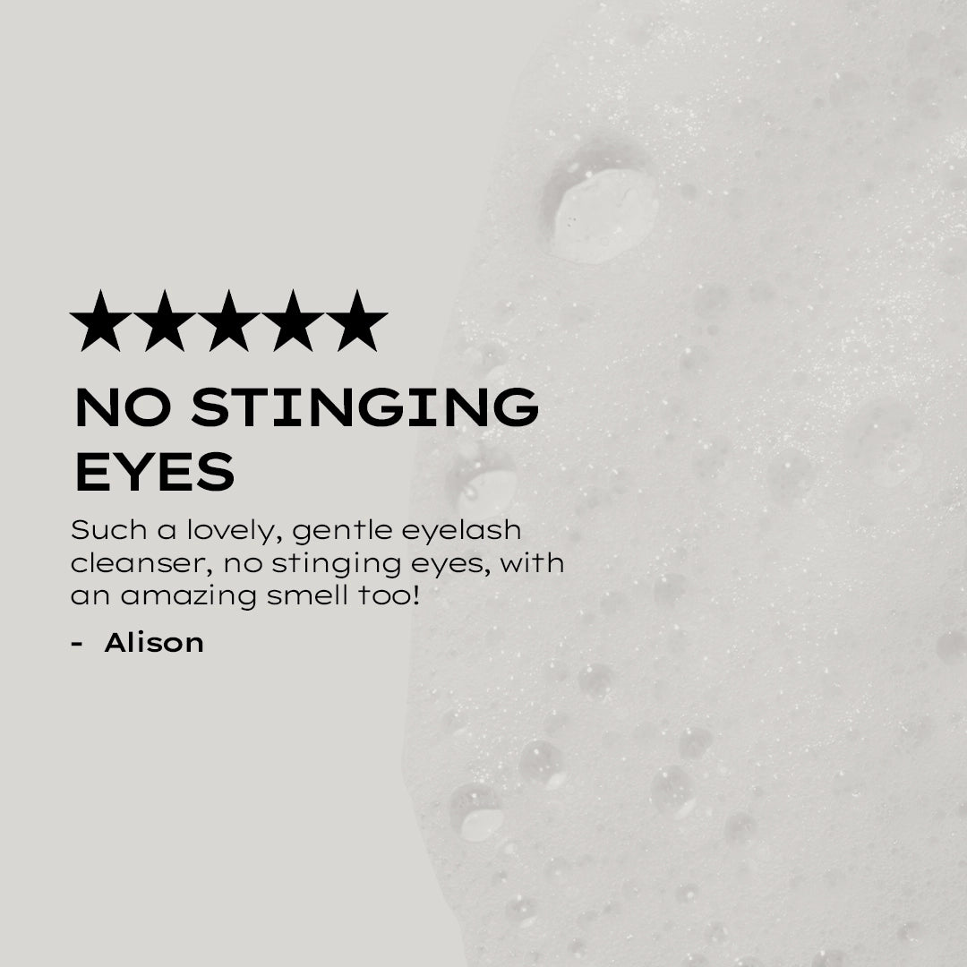 Five-star rating text on a gray background with bubbles, indicating a product review.