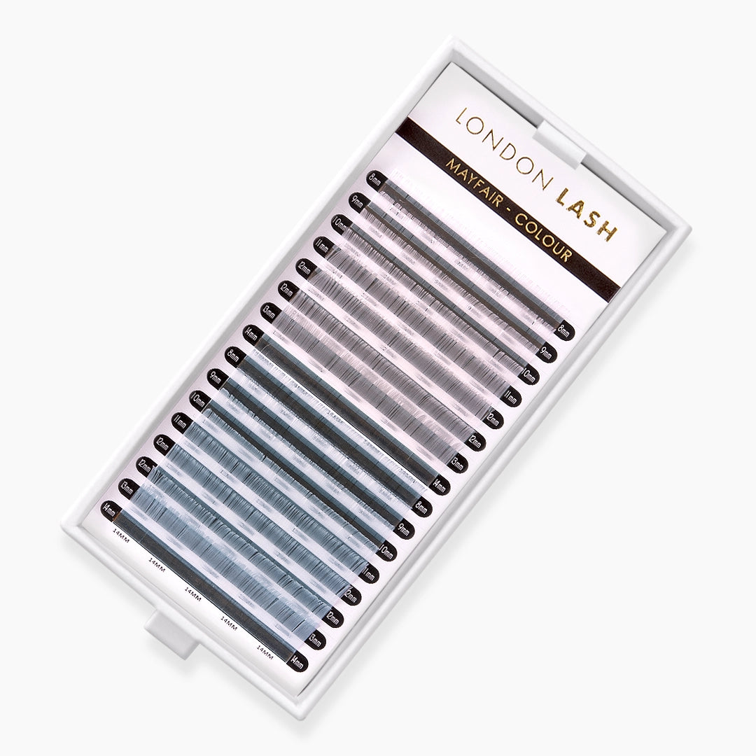 London Lash silver and light blue faux mink coloured lash extension tray on white background