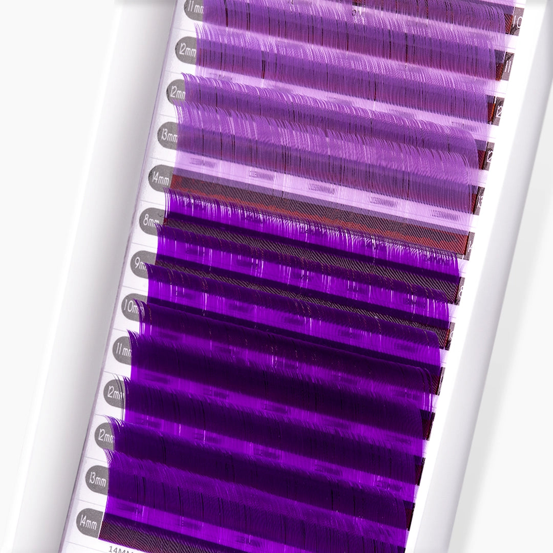 London Lash light violet and violet faux mink coloured lash extension tray on white background
