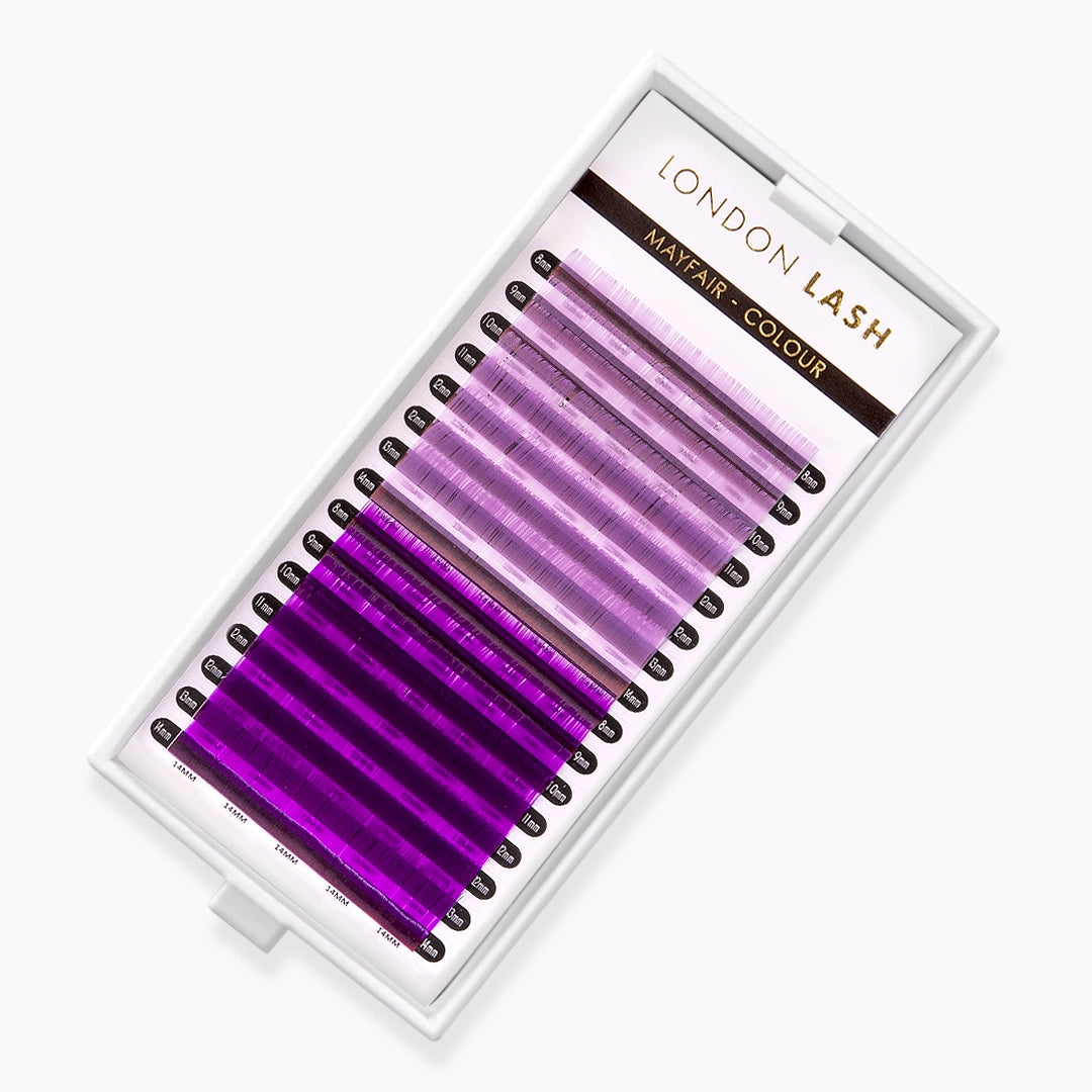 London Lash light violet and violet faux mink coloured lash extension tray on white background