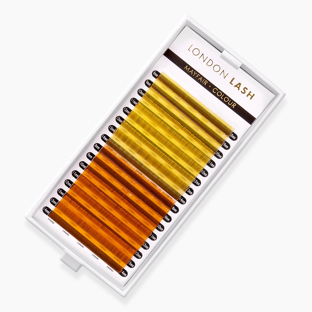 London Lash yellow and orange faux mink coloured lash extension tray on white background