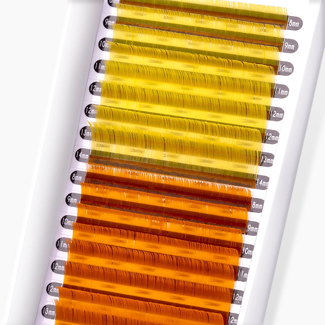 London Lash yellow and orange faux mink coloured lash extension tray on white background