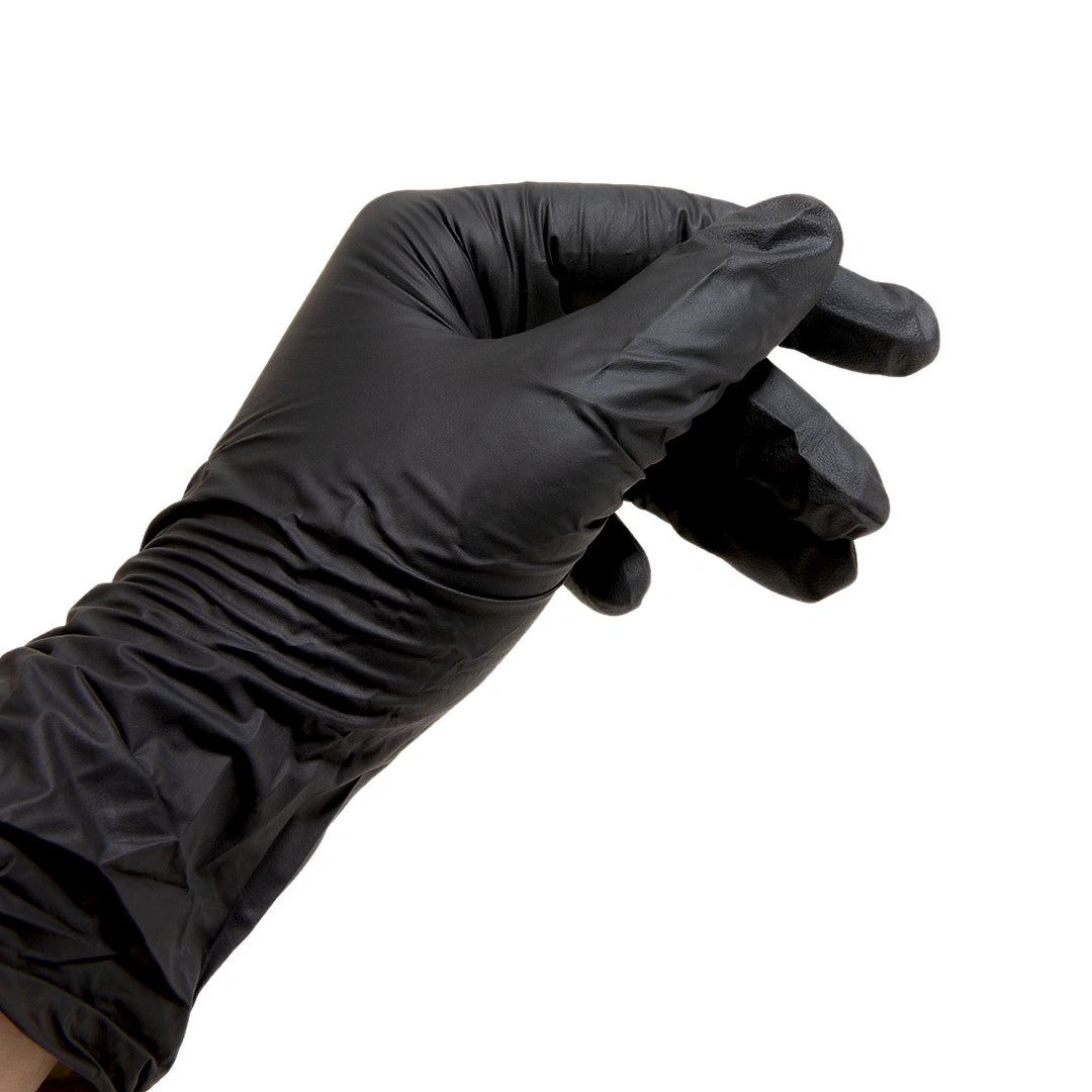 Box of Unigloves Black Pearl gloves on a white background