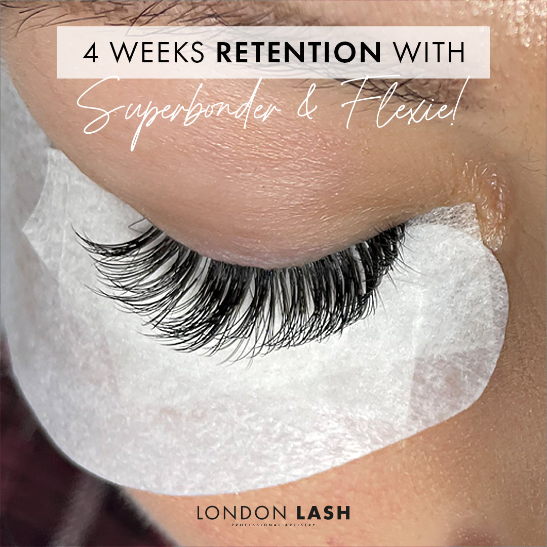 four weeks of lash extension retention with flexie lash glue and superbonder. the lashes look almost as full as a new set.