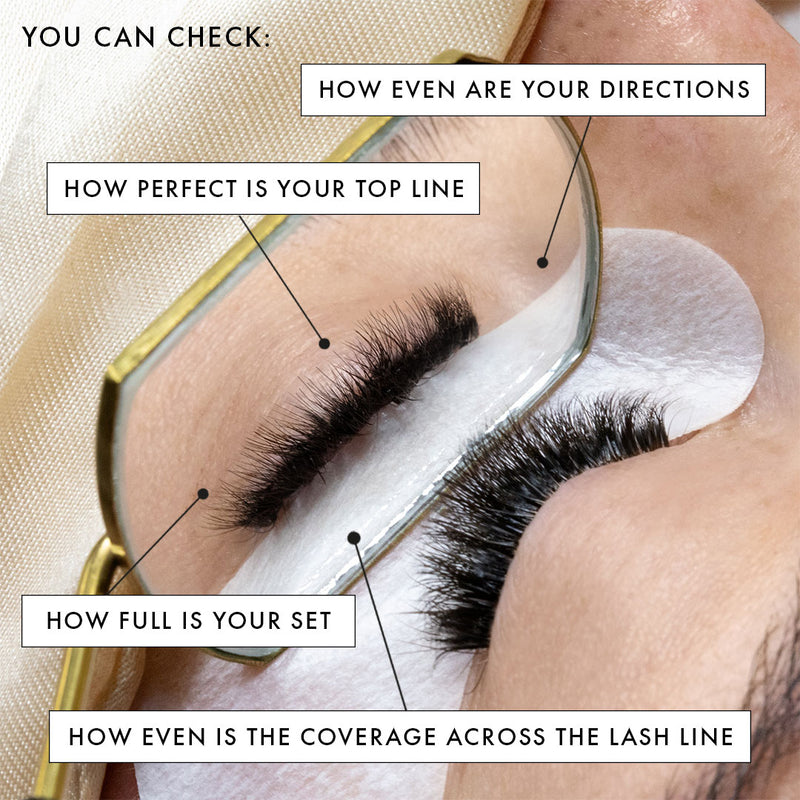a set of volume eyelash extensions shown from above and below with the best eyelash extensions treatment mirror