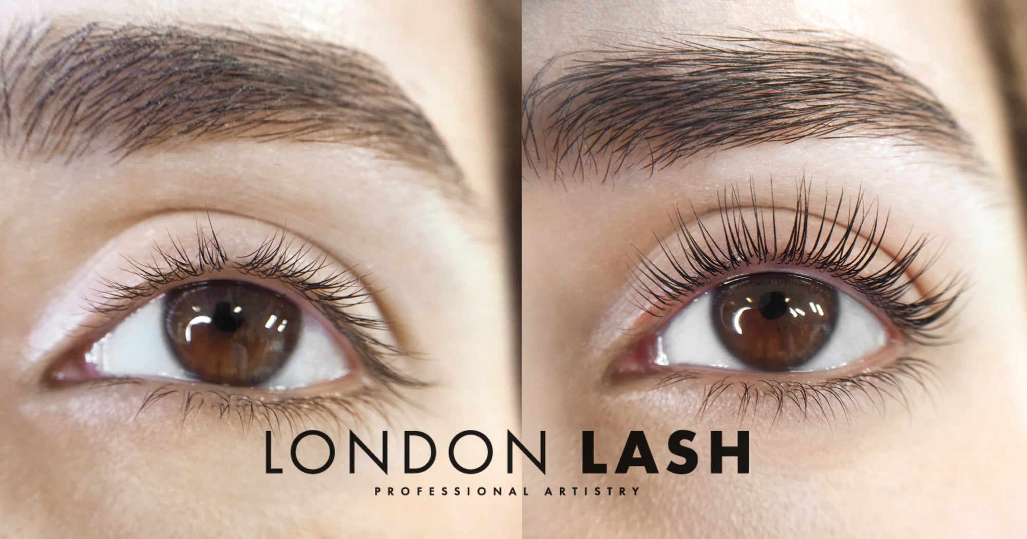 a side by side of the same eye before and after a lash filler treatment