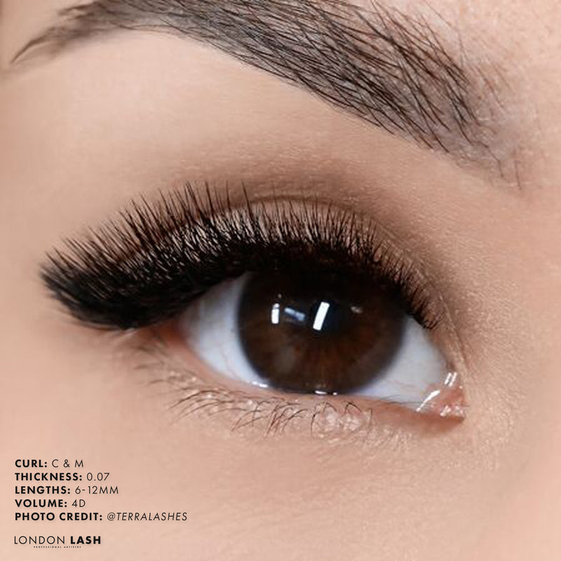 a set of volume lashes on a model using C and M curl lashes