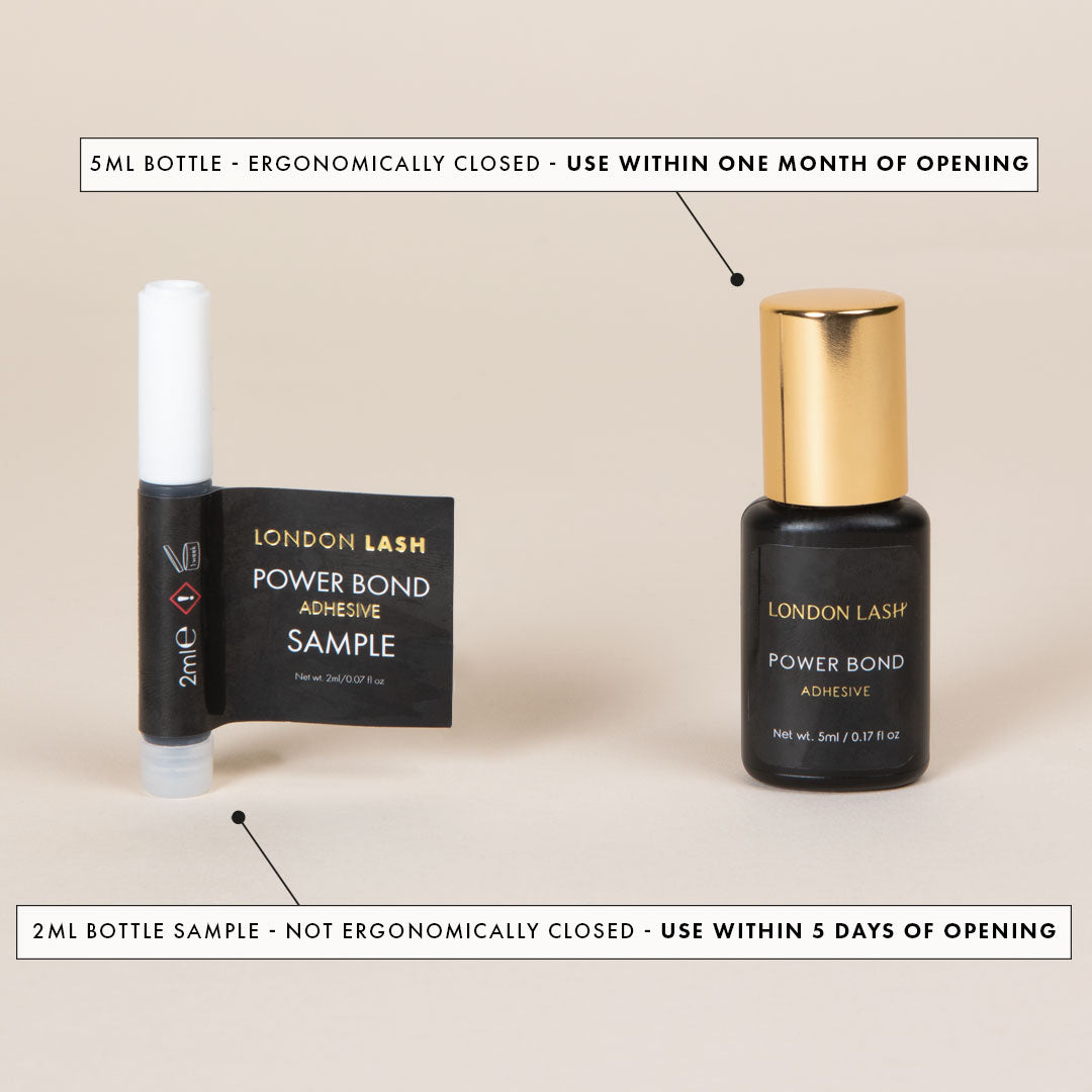 a sample bottle and full sized bottle of power bond eyelash extension glue